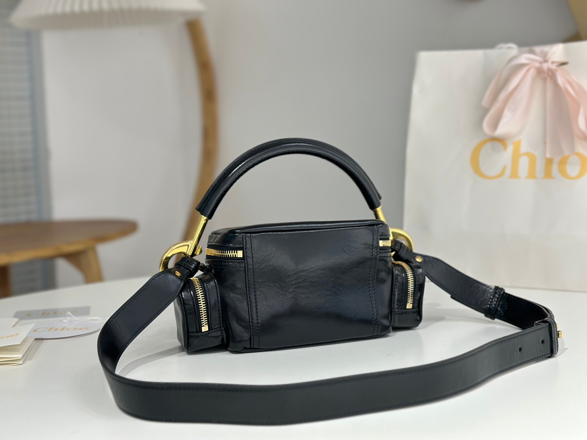 Chloe Small Camera Bag In Black Shiny Leather